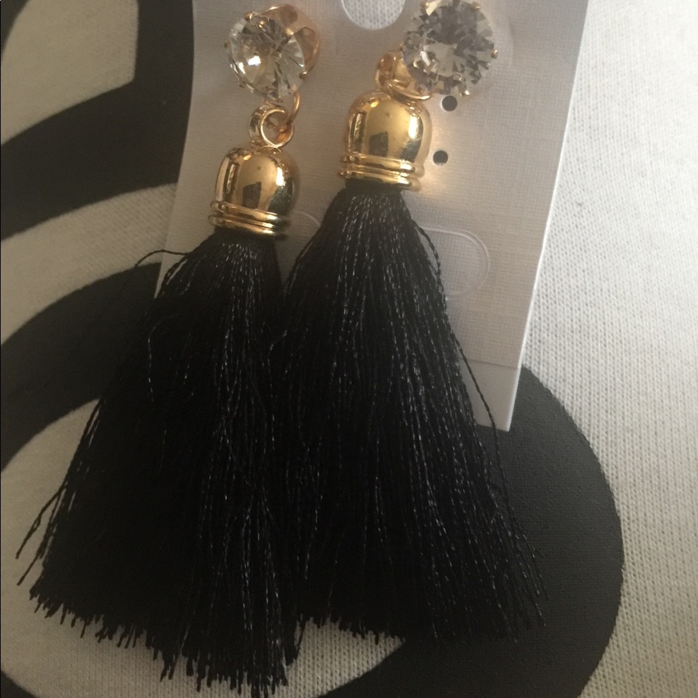 Black Rhinestone Studded Tassel Earrings!